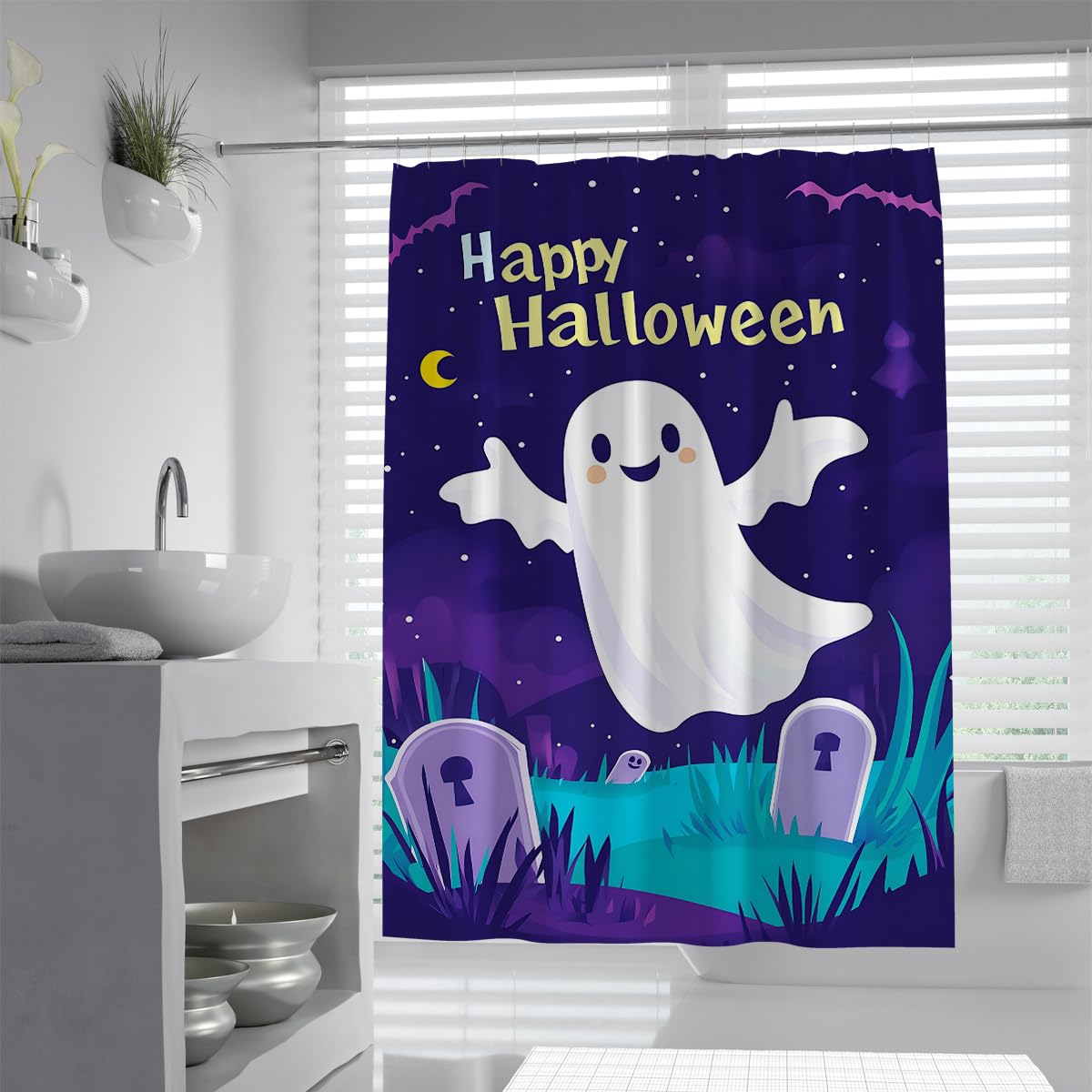 UIRINGART Cute Happy Halloween Ghost Shower Curtain W200xL240cm Purple Cemetery Graveyard Starry Night Flying Bat Anti Mould Waterproof Bathtub Screens for Wet Room with Hooks
