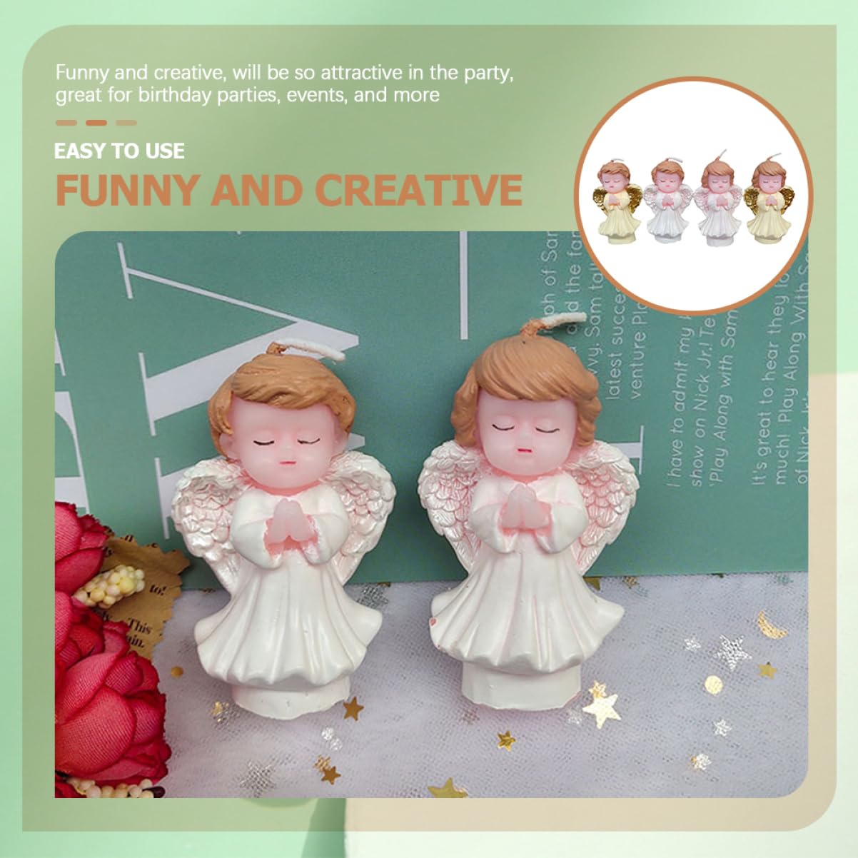 Gatuida 4 Velas de Ángel para Decoración Creativa y Divertida para Tartas de Cumpleaños Infantiles Hechas de Parafina en Fiestas y Postres