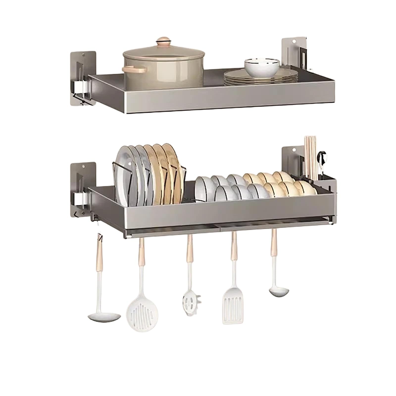 Abtropfgestell Geschirr Wandmontage - Platzsparendes 2 Etagen Geschirrabtropfgestell aus Edelstahl - Dish Drying Rack mit Abtropfschale für Spülbecken - Verstellbarer Küchen Organizer(95*25.7*3.5cm)