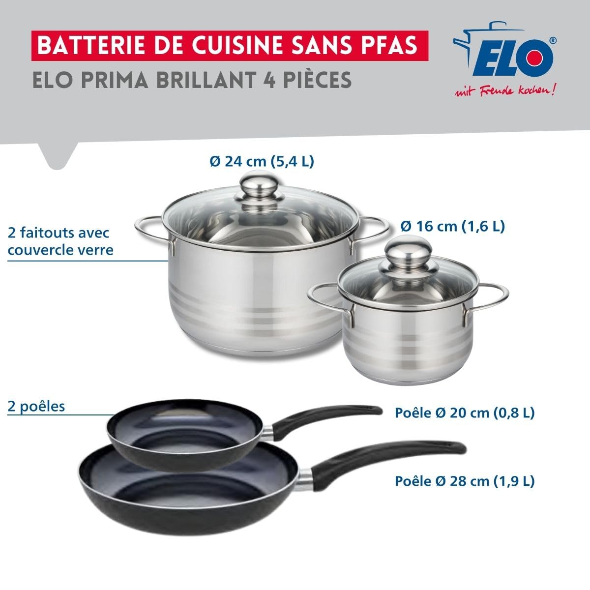 Elo Batterie cuisine 2 poêles 20/28 cm et 2 faitouts 16/24 cm