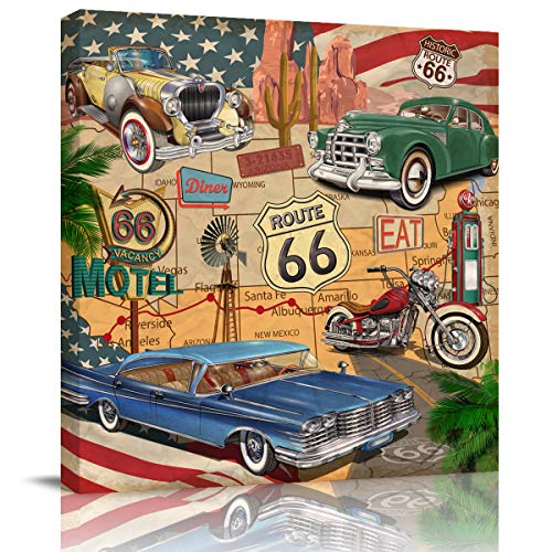 Art Canvas Prints Antique Car Canvas Wall Decor for Bedroom Canvas Wall Art for Home Decor Old Classic Car Theme American Vintage Route 66 Framed Canvas Wall Art for Living Room 12x12inch