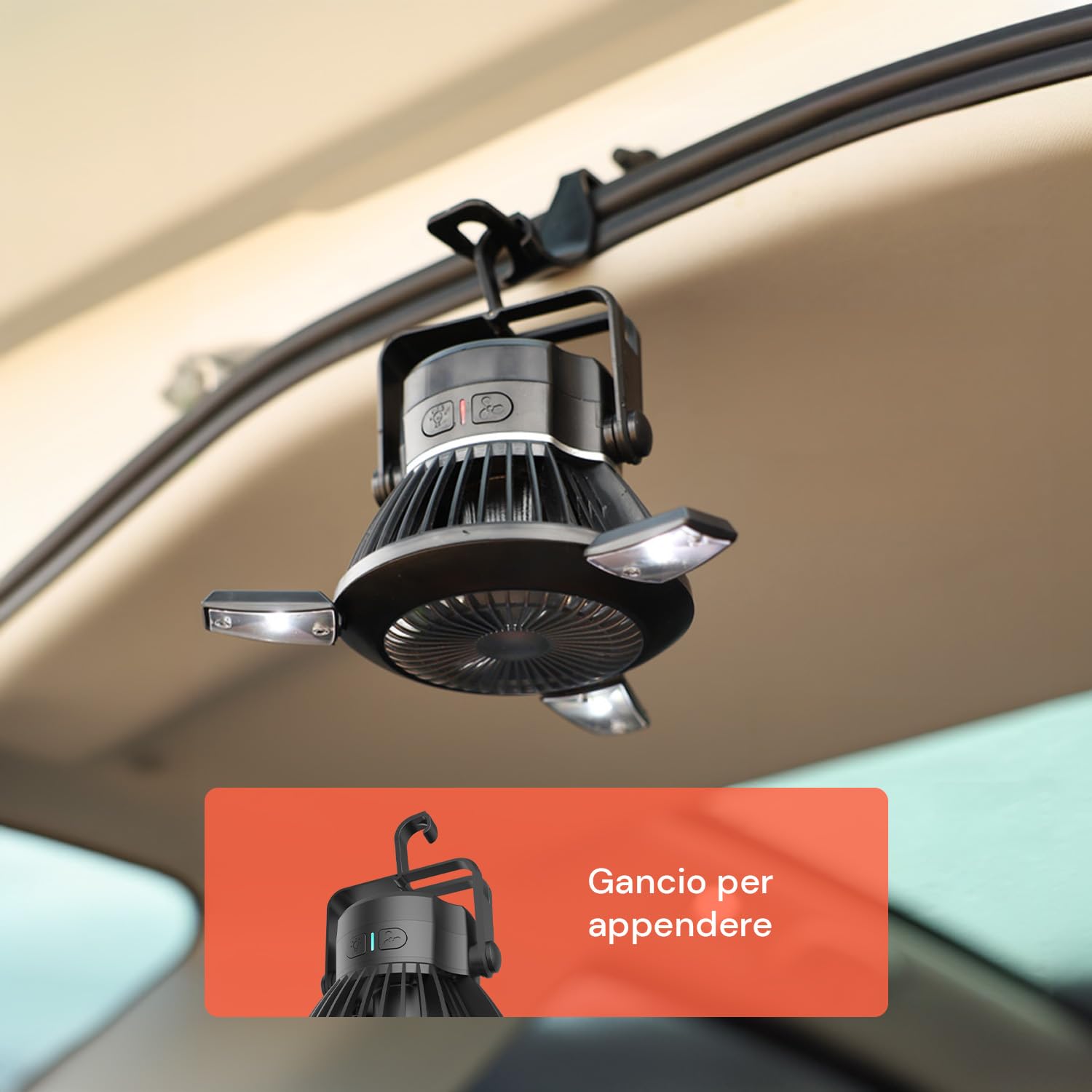 Wintem Ventilatore da Esterno con Comode Luci LED Integrate e Ricarica Solare o USB 4W - 5V con 4 Velocità per Adattarsi ad Ogni Esigenza - Lunga Durata Fino a 25 Ore di Autonomia - 23cm