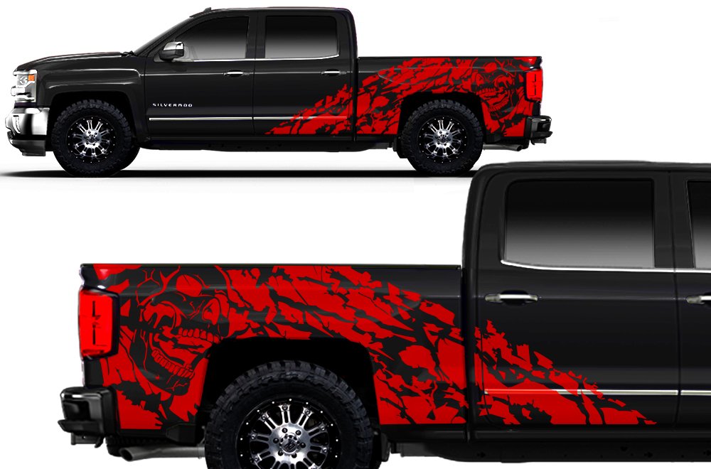 Factory Crafts Nightmare Side Graphics Kit 3M Vinyl Decal Wrap Compatible with Chevrolet Silverado 6 Bed Crew Cab 2014-2017 - Dark Red