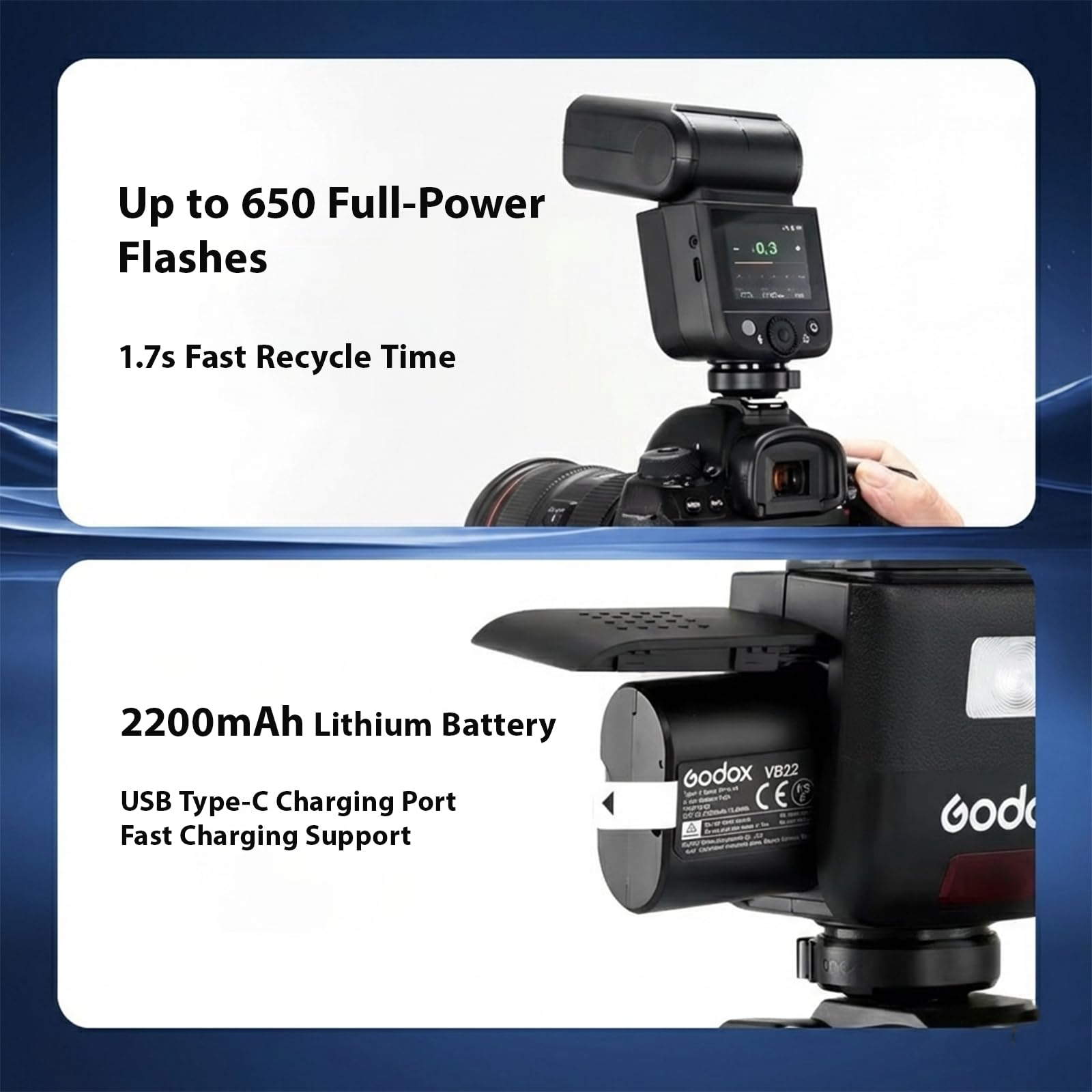 Godox Batterie de rechange VB22 pour V480, 7,2 V 2200 mAh Li-ion pour GODOX V480C / V480S / V480N / V480O / V480F et V350C / V350S / V350N / V350O / V350F Flash d'appareil photo Charge rapide USB-C