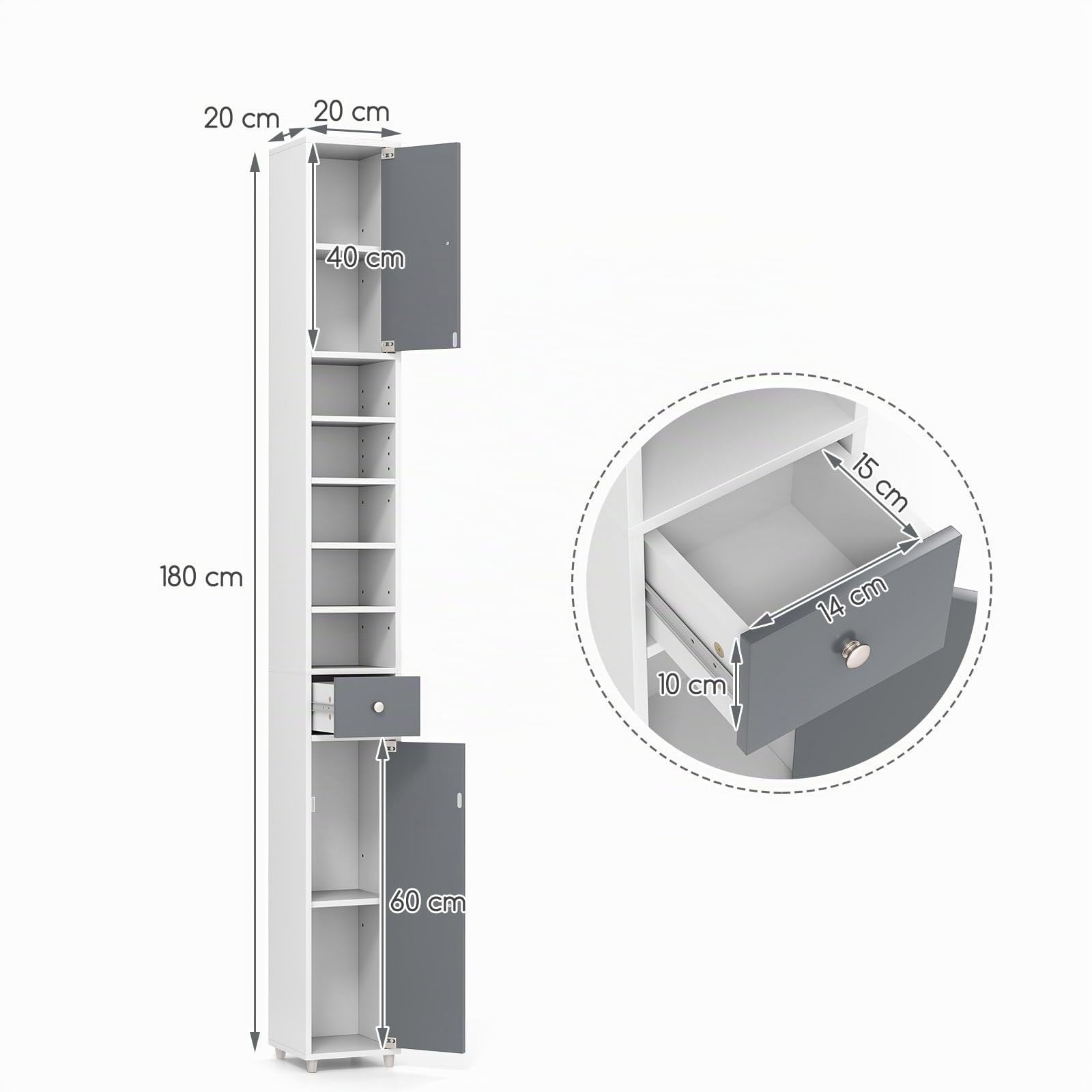 LIFEZEAL Columna de Baño de Madera Que Ahorra Espacio, Mueble Multiusos con 2 Puertas y 1 Cajón y 5 Estantes Ajustables, 20 x 20 x 180 cm, Armario Esquinero de Suelo con Dispositivo Antibalanceo