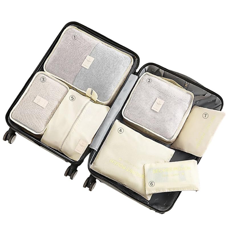 YUPPINTravel Organizer 7 Pc Pouch Packing Cubes For Clothes Space Savers Bags Waterproof Cosmetics/Undergarments/Socks/Shoes/Toiletry Bag - Polyester, Beige