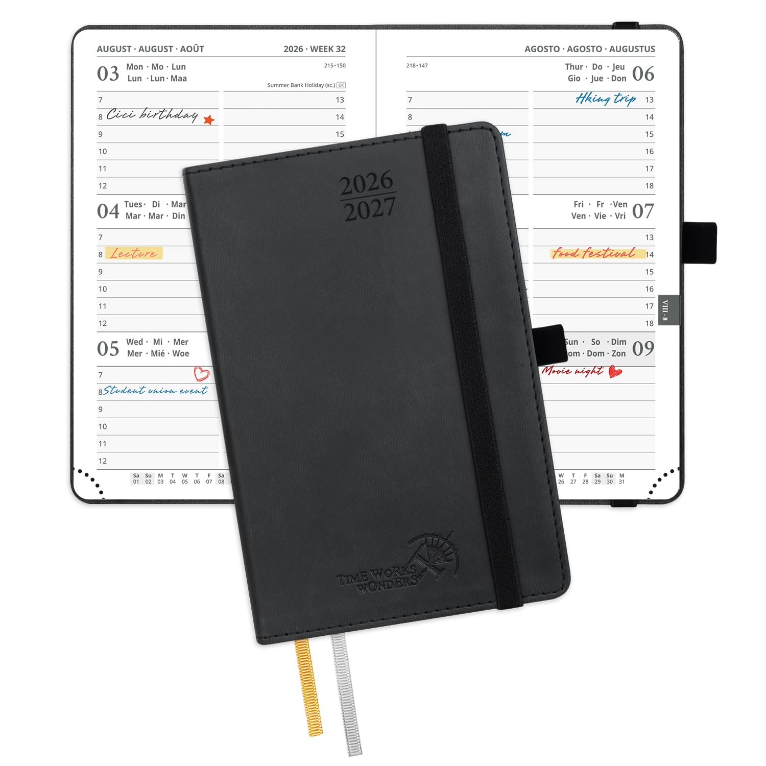 POPRUN 2026-2027 A6 Academic Pocket Diary Week to View Small PU Leather Cover (16x10.5 cm) 17 Months (Aug'26 - Dec'27), 26/27 Mid Year Weekly Planner(Black)