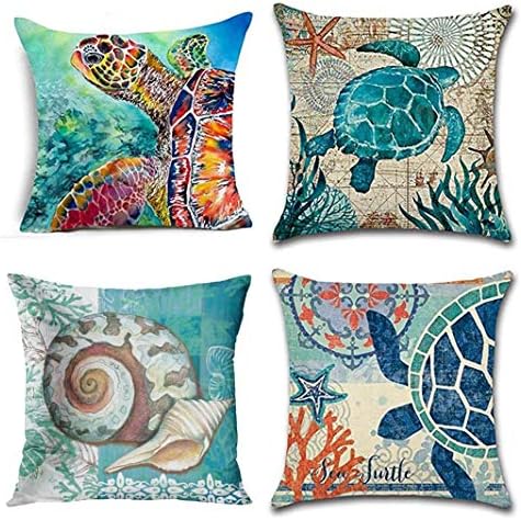 Jbralid Sea Turtle Watercolor Ocean Theme Mediterranean Style Patio Coastal Animal Cotton Linen Indoor Decor Throw Pillow Cover Case Set of 4, 16x16 in