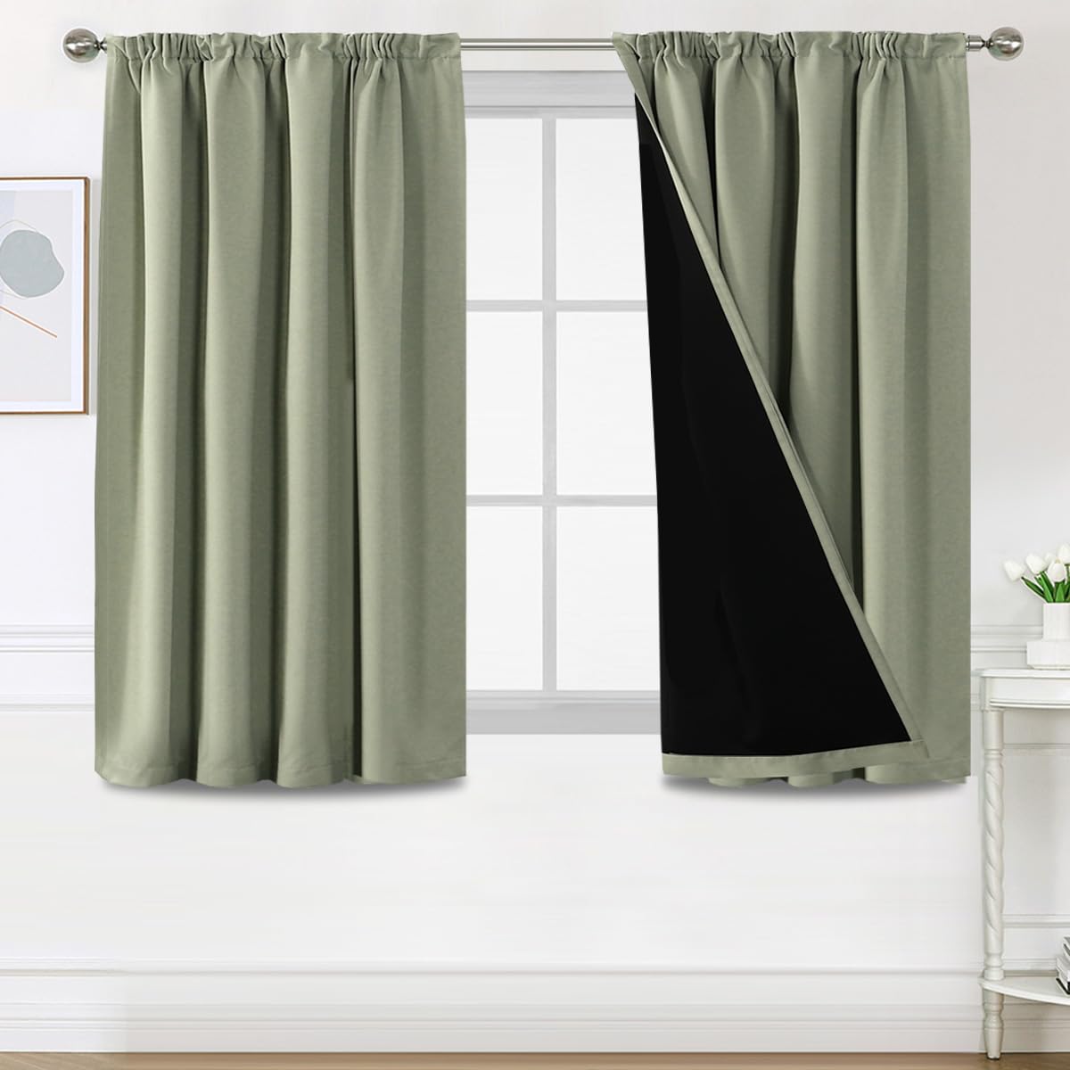BellaHills Cortinas Blackout 100%,Opacas Plisadas para Dormitorio y Salón, Cortina Opaca Corta, Cortinas de Ventana con Pliegues, Verde Salvia,2 Piezas,117x137 cm OEKO-TEX STANDARD 100
