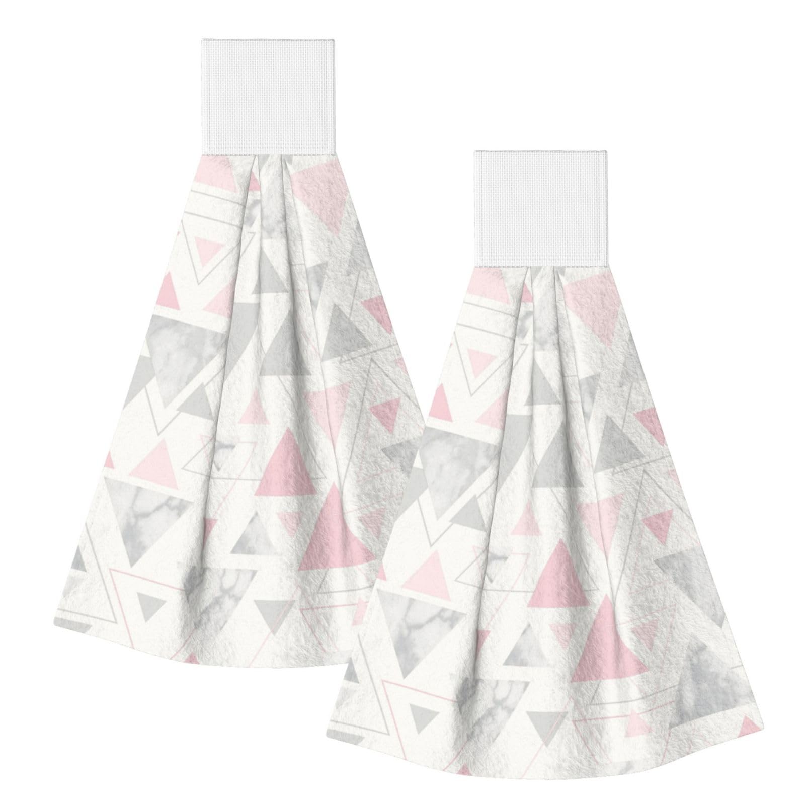 DOPKLNA Pink Grey Silver Geometric Triangle Marble, 2 Pcs Hanging Coral Fiber Hand Towels for Bathroom, Absorbent Kitchen Towels
