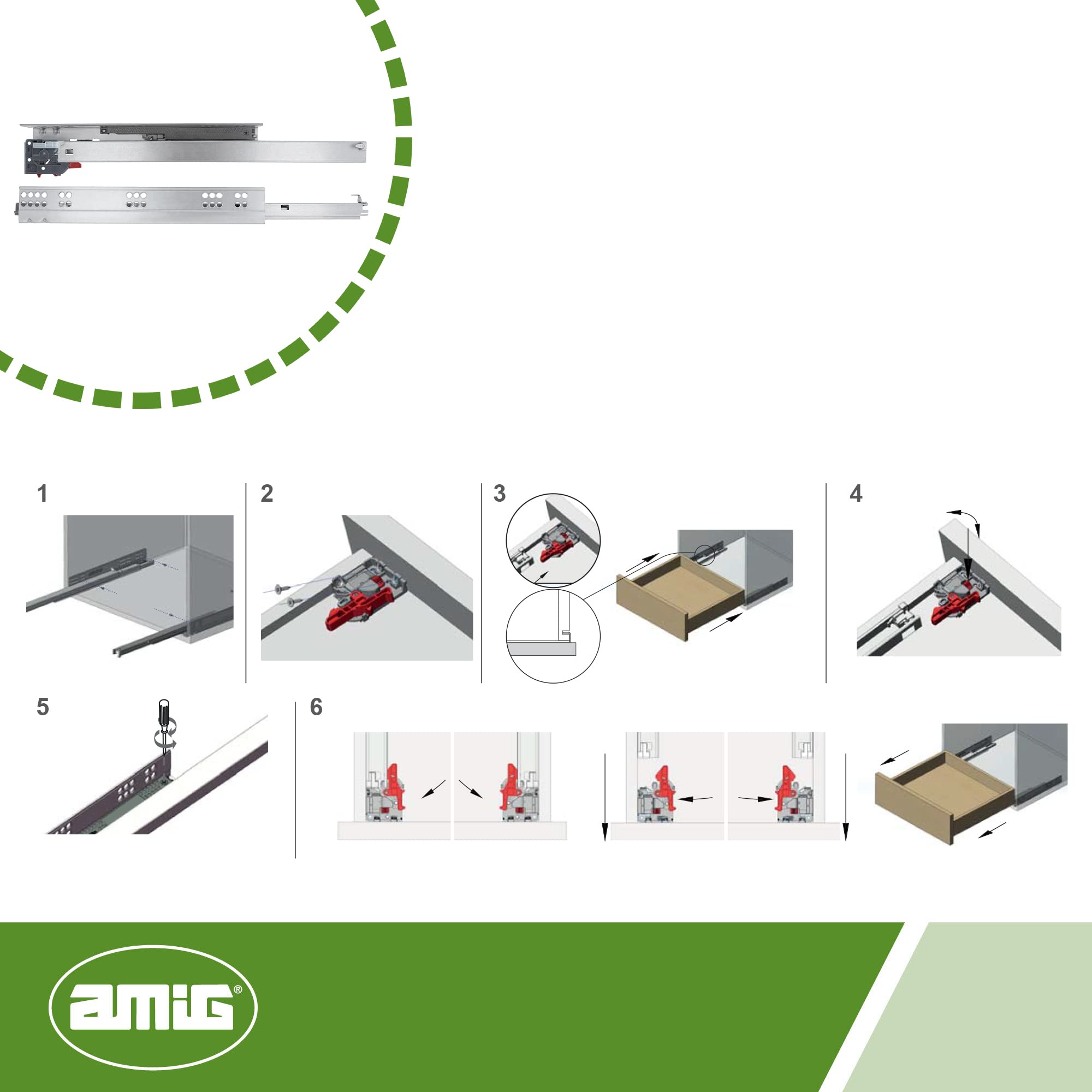 Amig - Zestaw 2 prowadnic mod.42 ze stali ocynkowanej do mebli, szuflad lub szafek; całkowite wysuwanie z samozamykającym się | nośność: 25 kg/para | wymiary: 350 mm