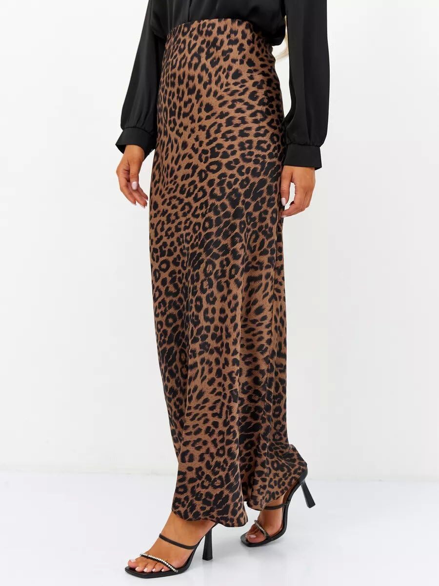 Women's Slik Satin Leopard Maxi Skirt High Waist Wrap Elastic Waisted Long Skirt - Image 2