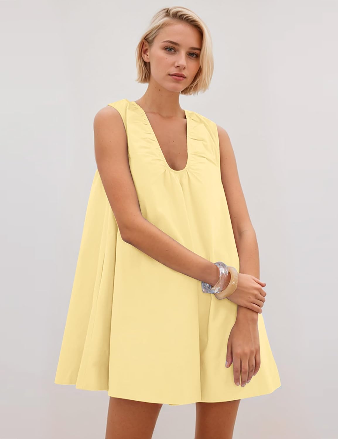 Women's Sleeveless Babydoll Tank Mini Dress Scoop Neck Ruched Bubble Dress with Pockets Short Summer Going Out Party Dresses Size S Yellow - Image 2