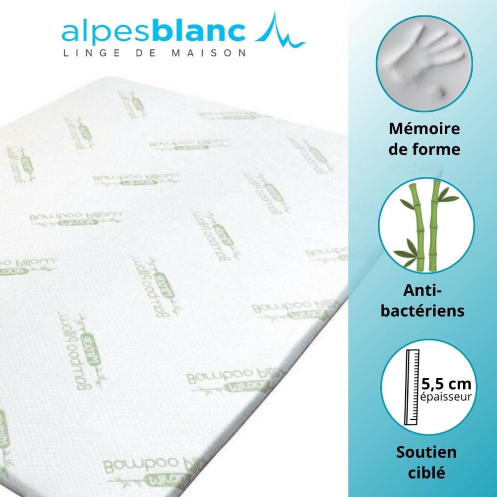 Surmatelas à mémoire de Forme 5 cm – Visco et Fibres de Bambou – Confort Ergonomique – Anti-Allergique – Déhoussable et Lavable