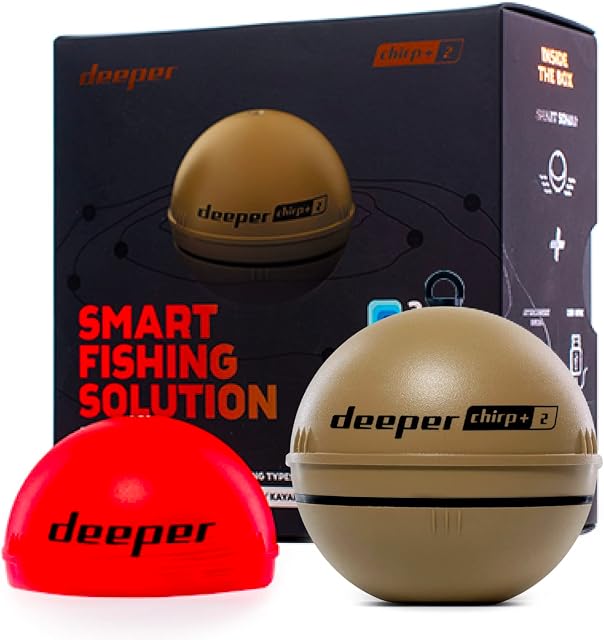 Deeper Chirp+ 2 Castable and Portable Gps Enabled Fish Finder Depth Finder for Boats on Shore Ice Fishing / Deeper Trophy Bundle Smart Sonar Power Bank Lamp LED Smartphone Mount