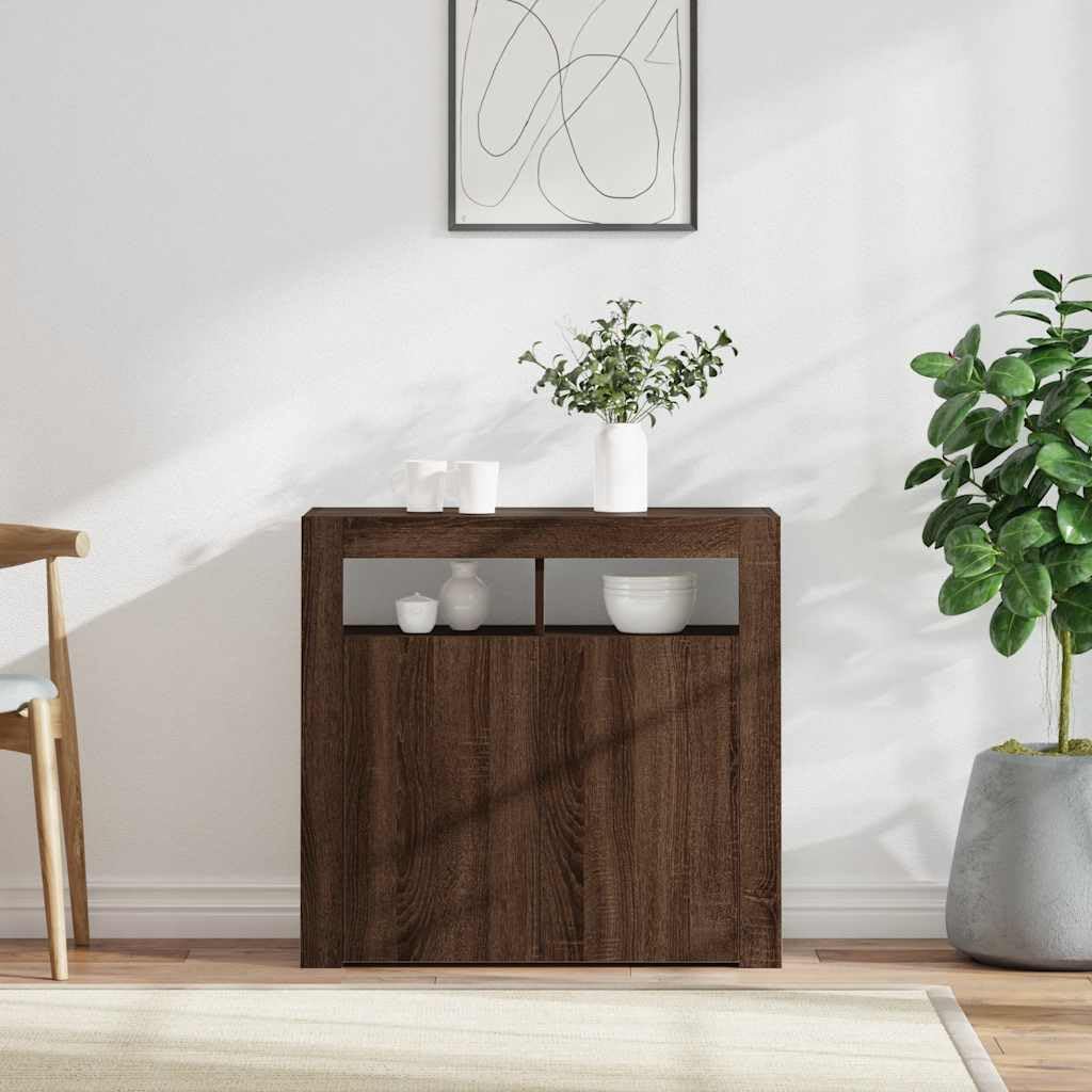 vidaXL Buffet avec Lumières LED Armoire de Rangement Organisateur de Maison Meuble de Salle de Séjour Salon Intérieur Chêne Marron 80x35x75 cm