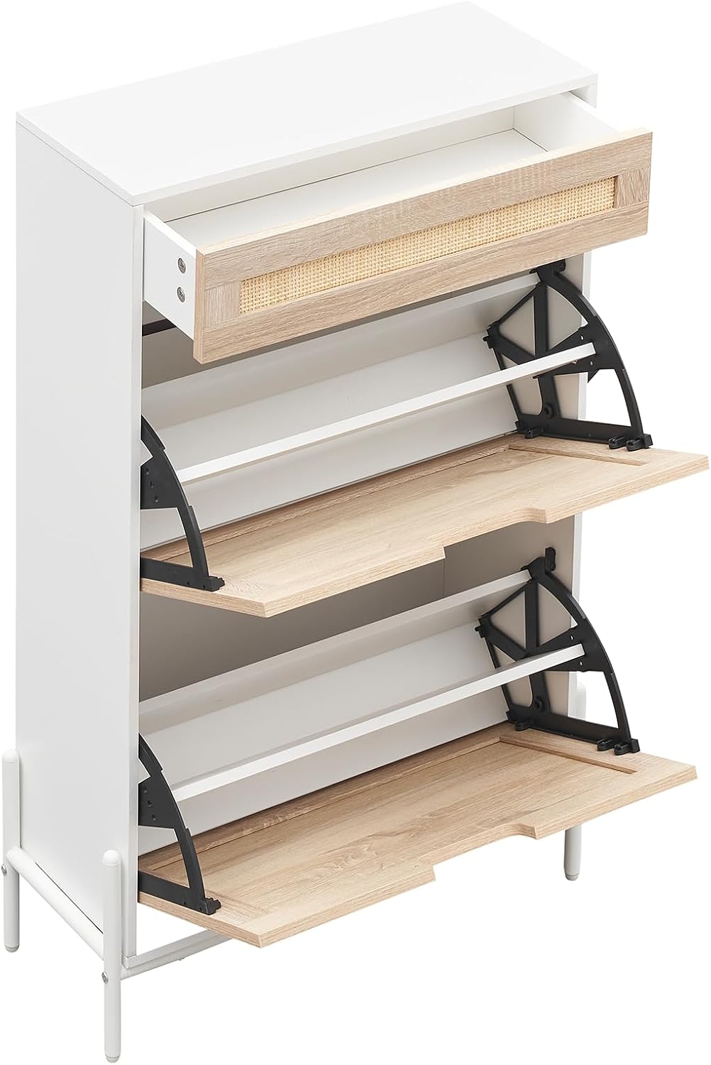 Hidden Rattan Shoe Cabinet with 2 Flip Doors & 1 Drawer - Narrow Entryway Shoe Storage, Freestanding Organizer with Adjustable Shelf for Hallway, Living Room, Entrance | Stylish Space-Saving Design