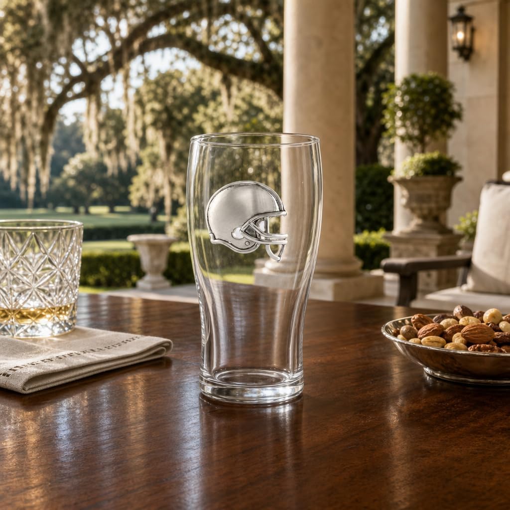 Arthur Court Football Beer Pint Glasses Set of 4 with Sand Casted Aluminum Helmet Emblem 18oz