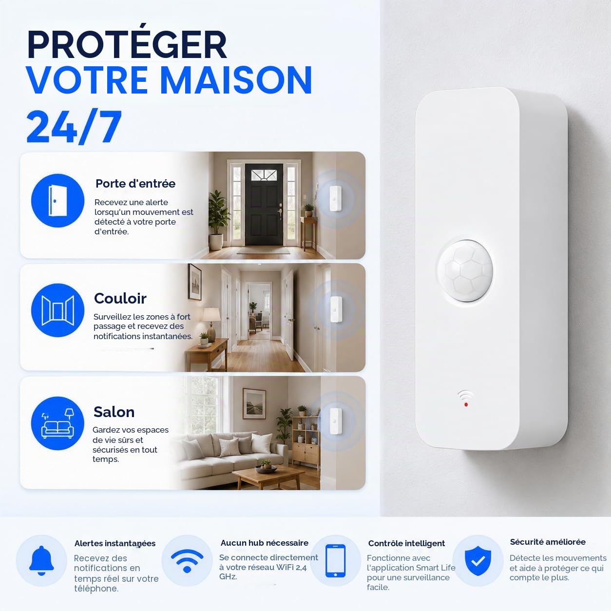 Détecteur de Mouvement PIR WiFi avec Alerte Application, Capteur Intelligent Sécurité Maison sans Fil (Lot de 4)