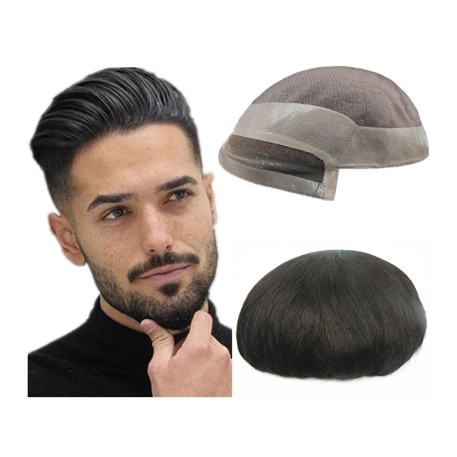 Men Bun Wig, Mono Pu Human Hair Pieces Toupee for Men Hair units Male  Hair Replacement System Hair Prosthesis,for Men(7x9)