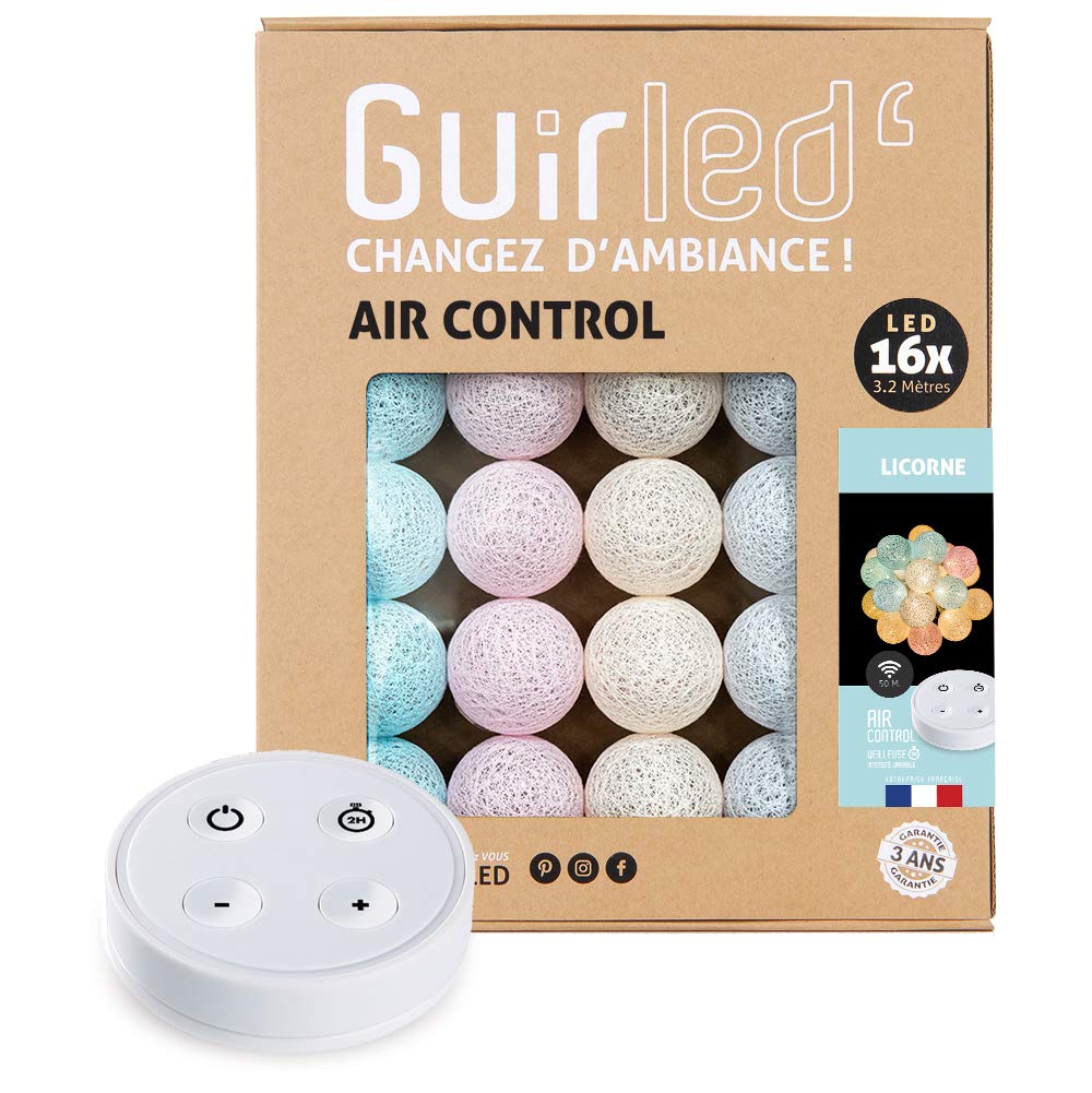 GuirLED - Guirnalda luminosa bolas de algodón LED USB - Mando a distancia inalámbrico – Luz nocturna bebé 2h – Adaptador de red doble USB 2A incluido – 4 intensidades – 16 bolas 1,6 m – Unicornio