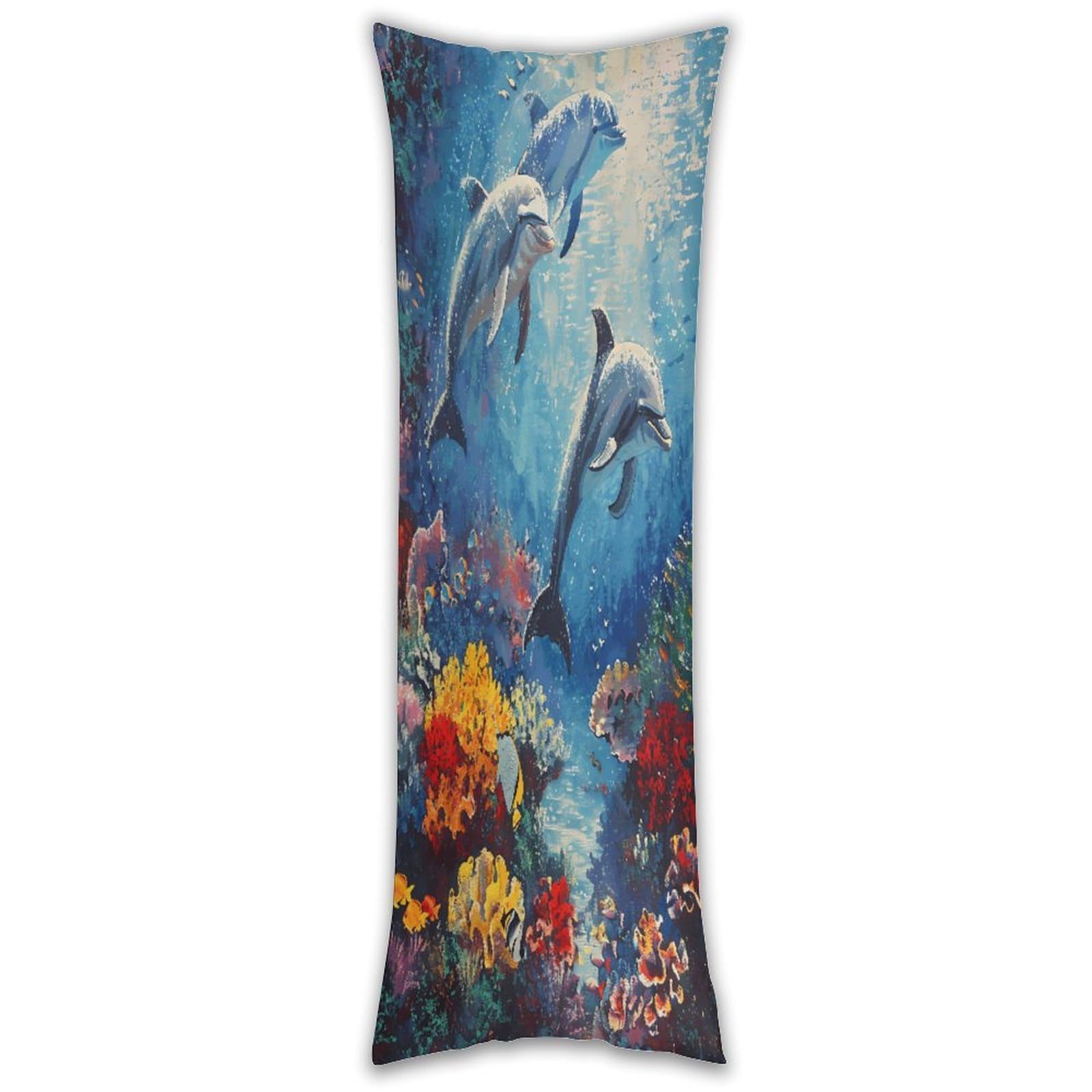 Seabed Coral Fish Dolphins Long Pillow Case with Zipper Ultra Soft Microfiber Long Pillow Cover Breathable Body Pillow Protector Soft Wrinkle Pillowcase for Bed Sofa Bedroom 53 X 19 in