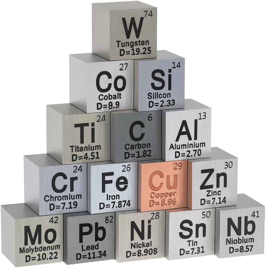 15 Piece Metal Element Cubes - Density Cube Set for a Periodic Table of Elements Collection - Pure Tungsten Cube, Titanium, Niobium, Aluminum, Iron, Copper, Chromium, + 9 More (.39 inch/10 mm)