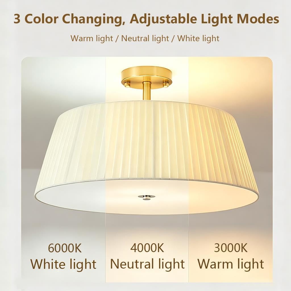 HYKISS Plafonnier Semi-Encastré Style Crème 3 Culots E27 Réglable à 3 Températures de Couleur Abat-jour en Tissu Plissé Luminaire de Plafond Moderne pour Chambre à Coucher et Salon(50cm)