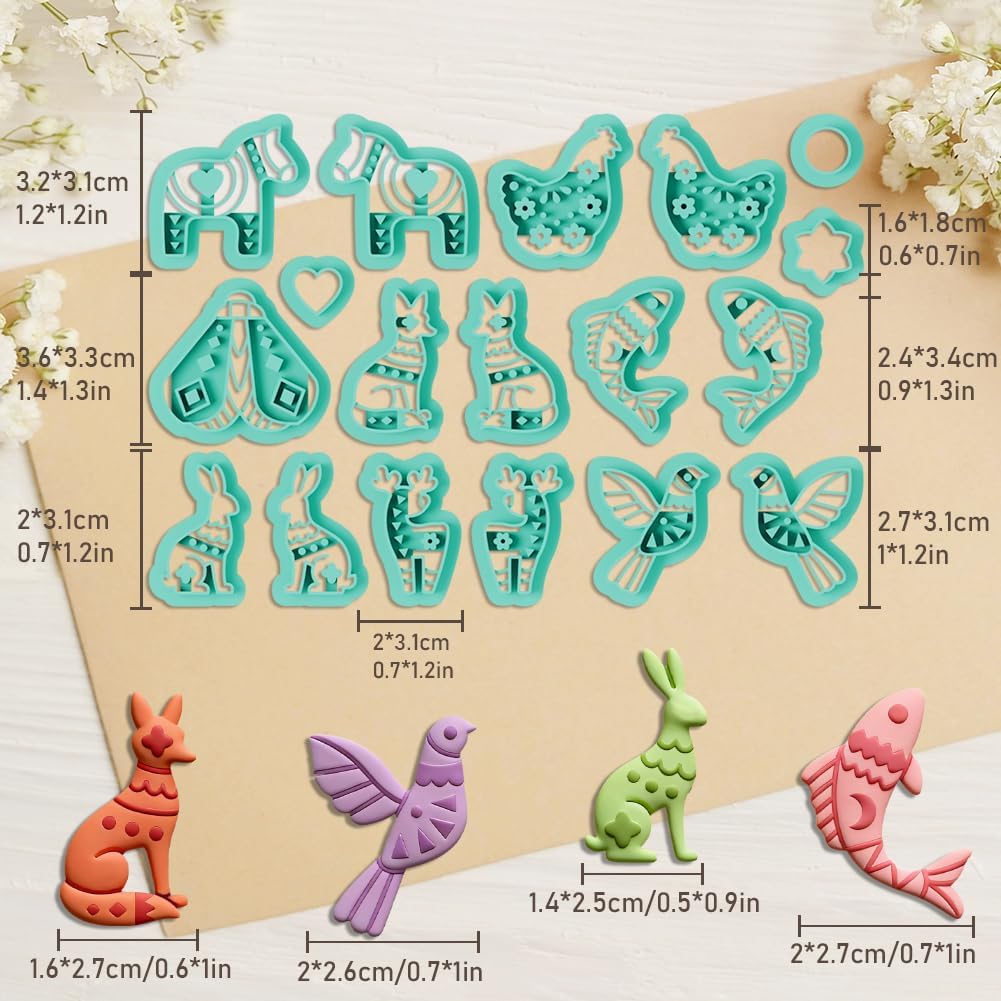 ORIGACH 18 Pcs Floral Animals Polymer Clay Cutters Set Flower-Embellished Fish Bird Rabbit Shape Earring Clay Cutter DIY Craft Supplies for Earring and Jewelry Making