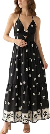 Womens Classy Deep V Neck Cutout Maxi Floral Halter Dress