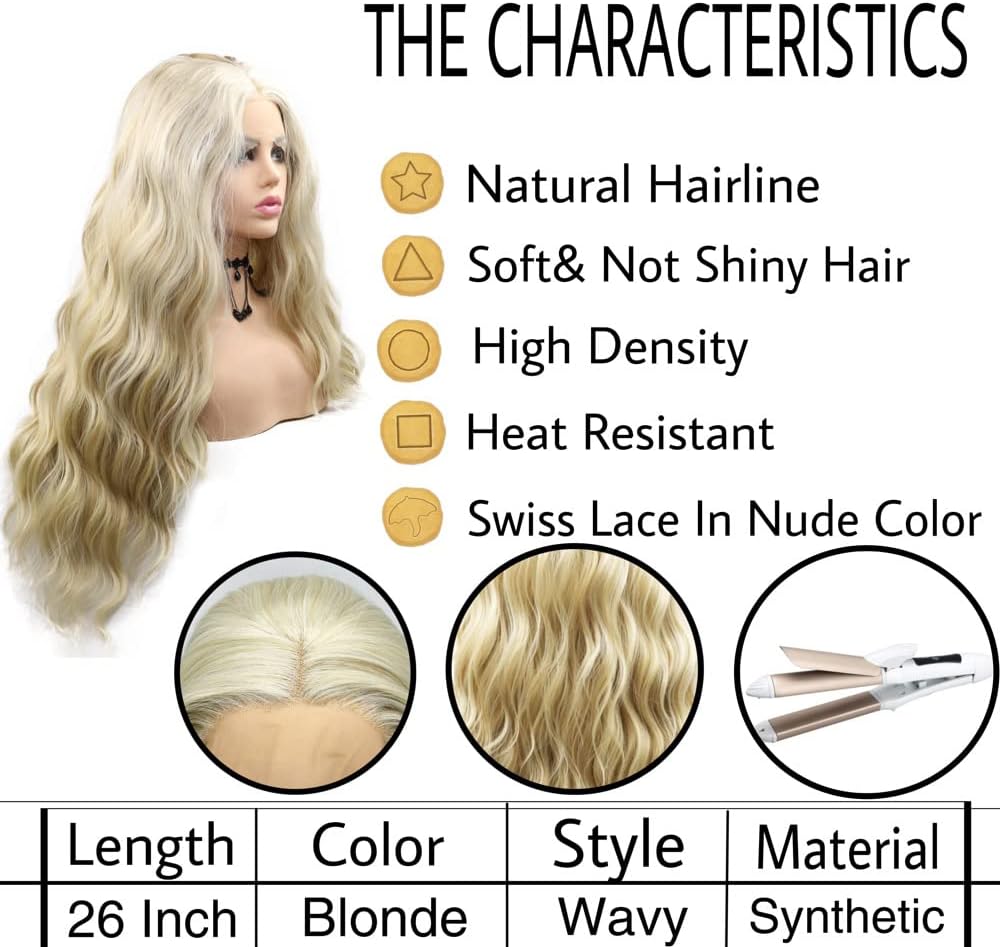 RainaHair 24inches Blonde Wig Long Loose Wave Highlight Color Half Hand Tied Hair Synthetic Lace Front Wigs for Women Heat Resistant Fiber Wig… - Image 3