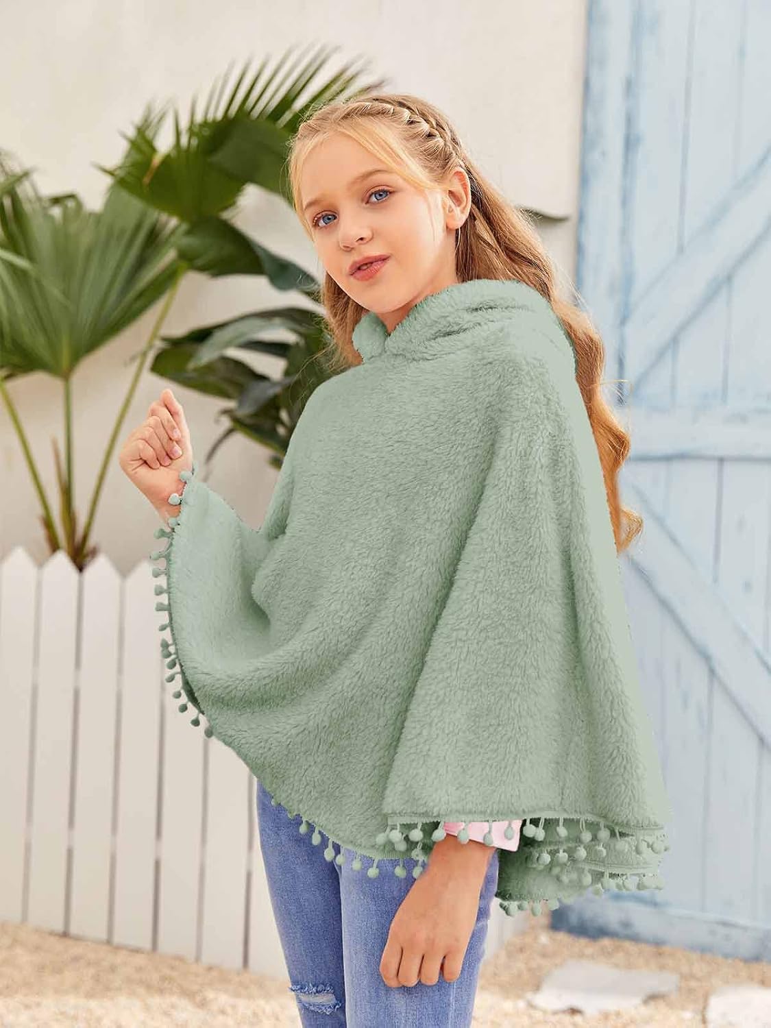 Inorin Kids Girls Sherpa Fleece Pullover Hoodies Pompom Tassel Fuzzy Coat Poncho Cloak Hooded Cape