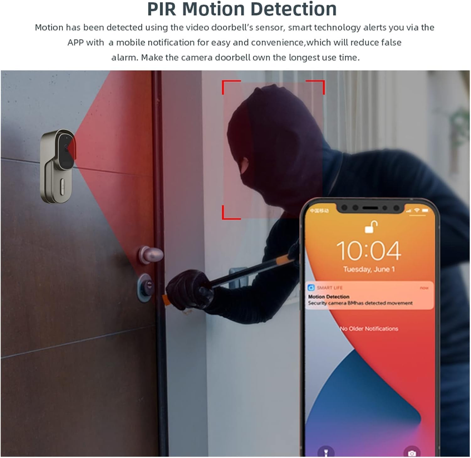 Image showing a person attempting to break into a house, with the doorbell camera detecting motion and sending an alert to a smartphone displaying a 'Motion Detection' notification.