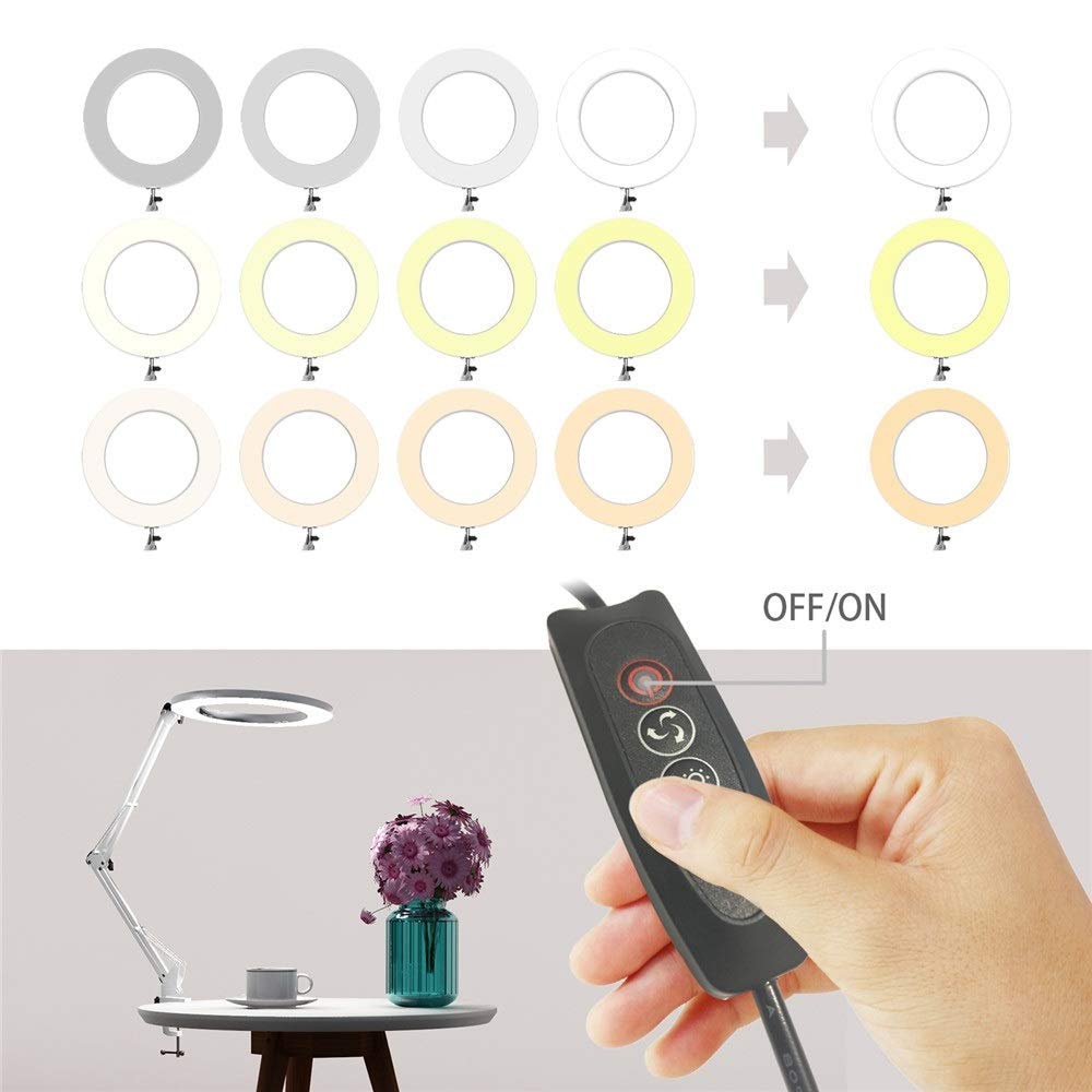 Lámpara de mesa, lámpara de mesa Lámpara de escritorio con brazo oscilante LED Lámpara de mesa de 7W Metal con abrazadera Atenuación continua Anillo de lupa Luz de lectura 3 Temperatura de color