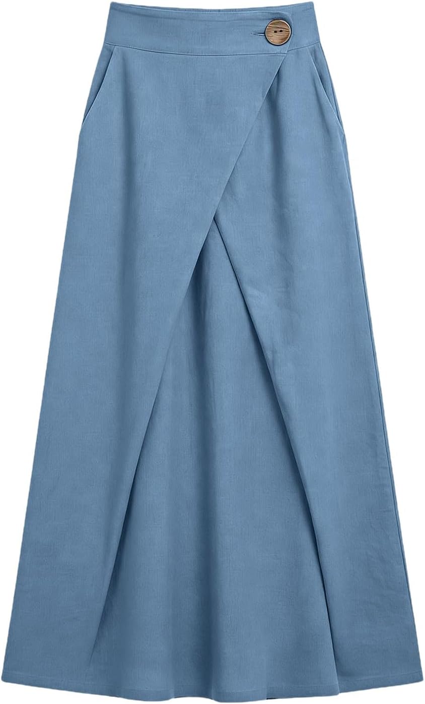 Womens Maxi Skirt Cotton Linen Summer Flowy Elastic High Waist A-Line Wrap Skirts with Pockets Casual Work Clothes Light Blue