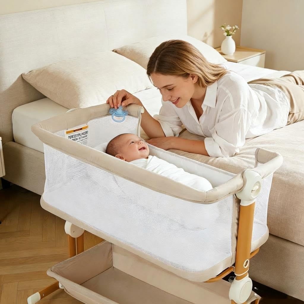 GarveeHome 3-in-1 Baby Bassinet & Bedside Sleeper - Portable Crib for Newborn with Full-Mesh Sides, 6-Height Adjustable for Easy Night Feeding, Cozy Mattress & Large Storage Basket