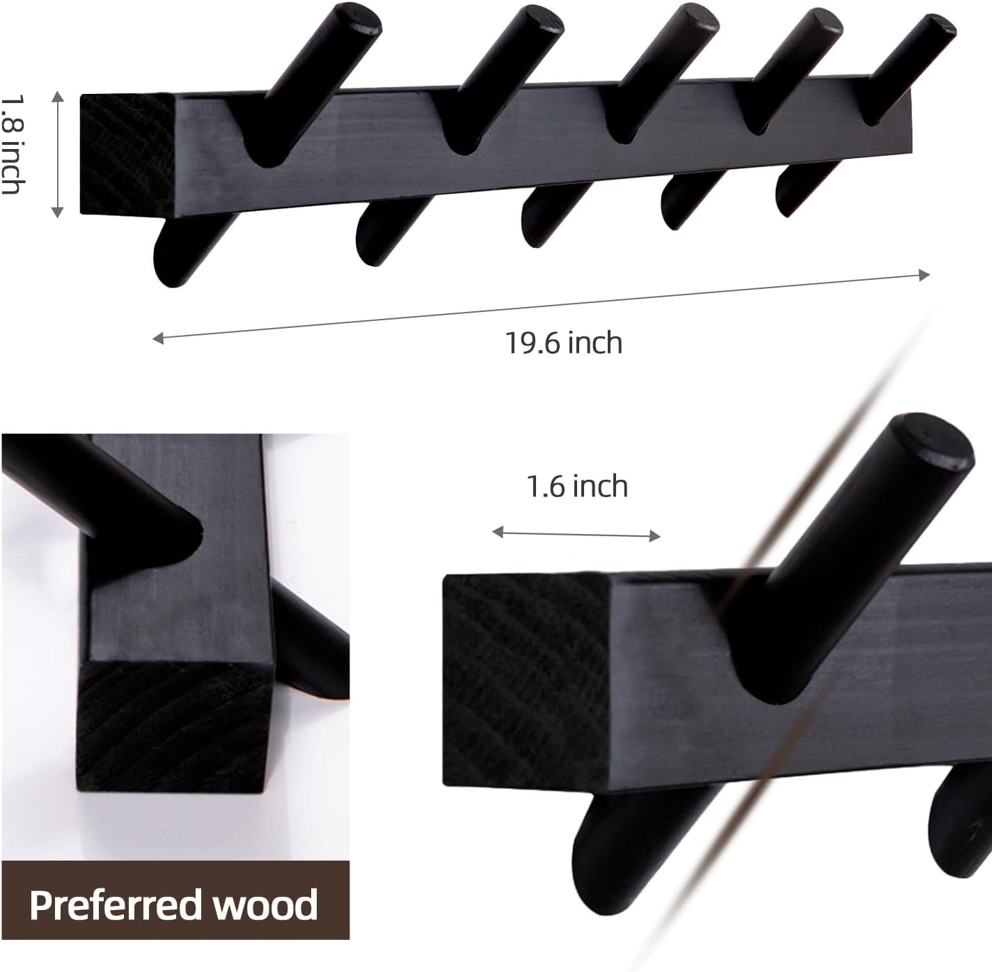 Solid Wooden Coat Rack Wall Mount,Removable Wood Wall Hooks for Hanging,Installation in Entrances Bathrooms and Utility Rooms for Storage(Black, 5 Hooks)