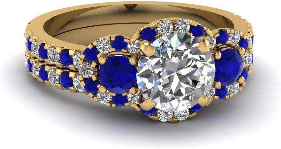 Choose Your Gemstone Delicate 3 Stone Halo Wedding Set Yellow Gold Plated Round Shape Wedding Ring Sets Everyday Jewelry Wedding Jewelry Handmade Gifts for Wife US Size 4 to 12