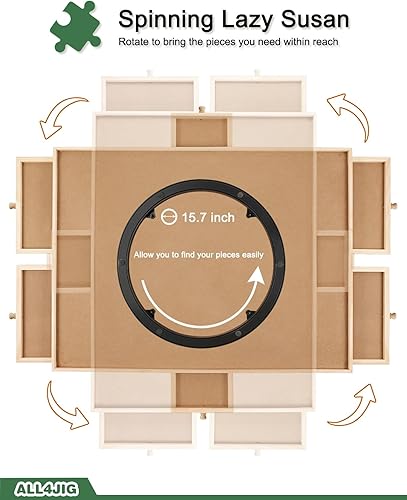 Vista 47 de ALL4JIG - Tablero giratorio para rompecabezas de 2000 piezas, bandeja giratoria de madera de 29.6 x 41.3 pulgadas, 6 cajones y cubierta, mesa para 6