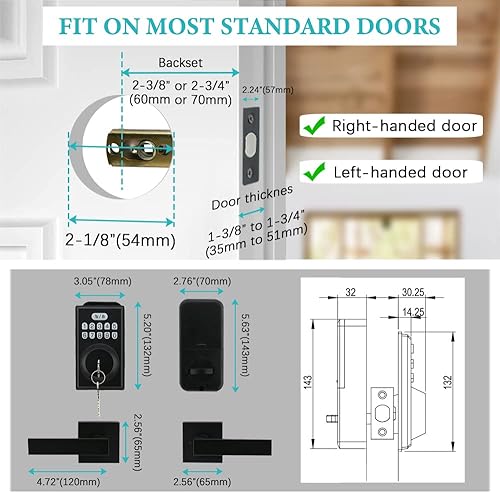 Miniatura 3 de Cerradura de puerta de entrada sin llave con 2 asas, juego de cerrojo electrónico para puerta delantera, bloqueo automático, contraseña antimiradas,