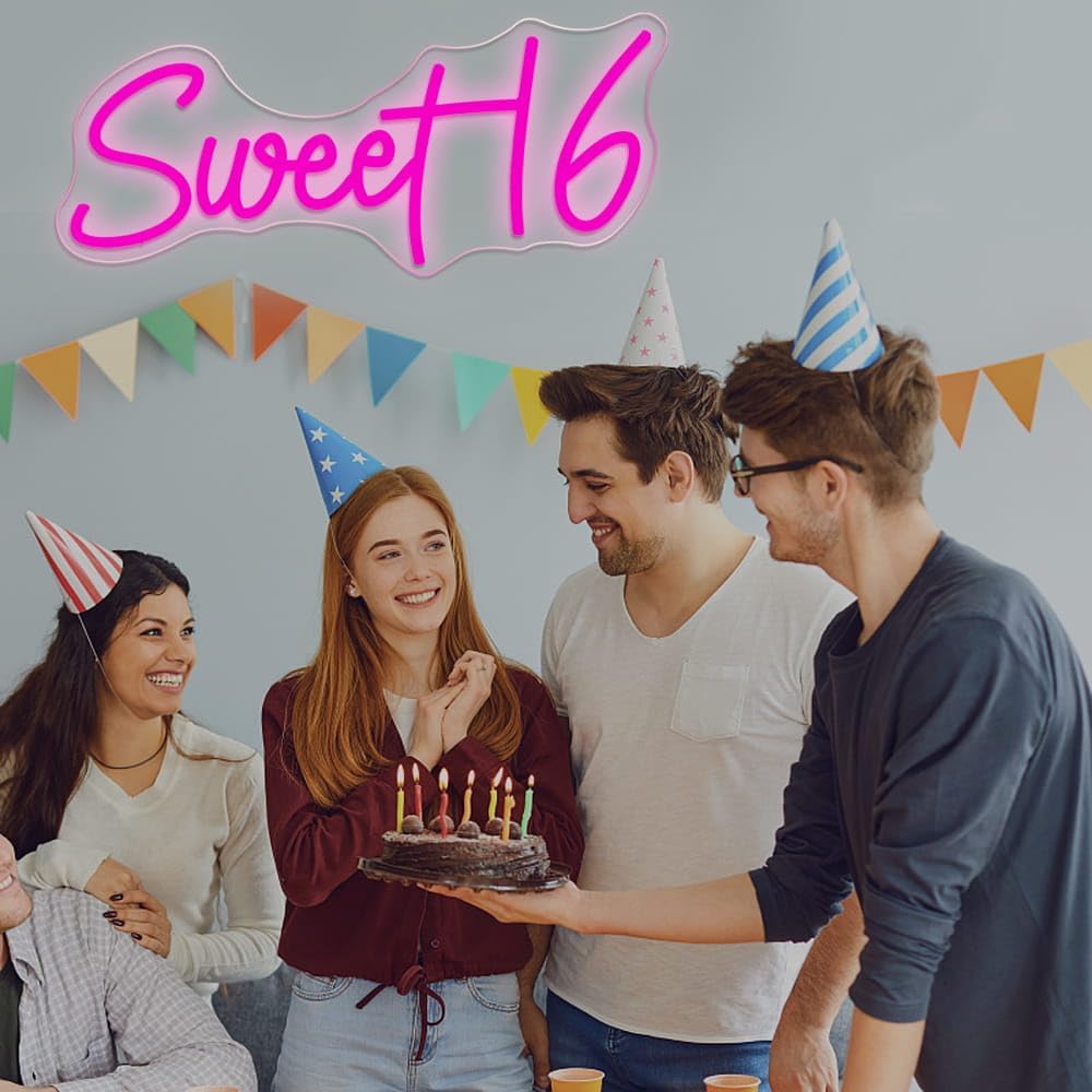 16.8 Inch Sweet 16 Neon Sign, USB Powered with Dimmer Switch 16th Birthday Party Sign, Sweet Sixteen Party Supplies, Happy 16th Birthday Decorations for Girls (Pink)