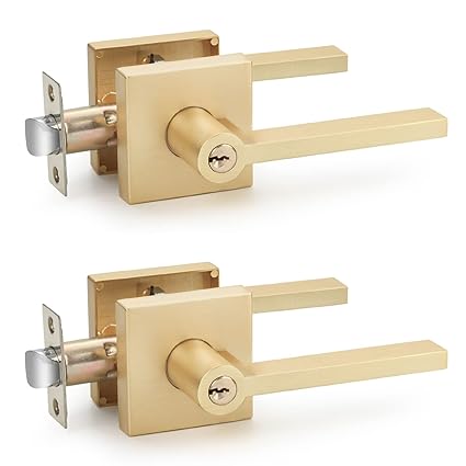 2 Pcs Satin Brass Door Handles, Interior/Exterior Door Knobs with Lock and Key, Gold Entry Door Levers for Bedroom Bathroom or Front Doors, Heavy Duty Modern Door Hardware