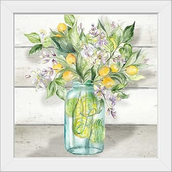 CANVAS ON DEMAND Watercolor Lemons In Mason Jar White Framed Art Print, Farmhouse Citrus Floral Bouquet Painting, Lemons and Limes Artwork, 18x18