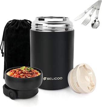 Food Flask, 600ml 21oz 316 Stainless Steel Vacuum Insulated Food Container, Food Flasks for Hot/Cold Food, Leak Proof Soup Containers with Bag & Spoon Black