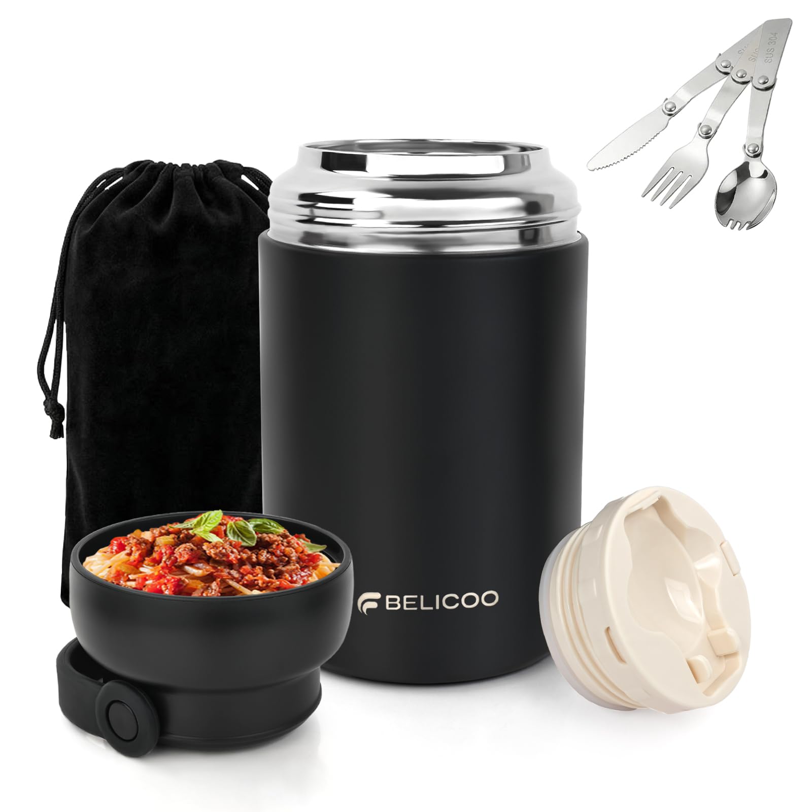 BELICOO Food Flask, 600ml Stainless Steel Vacuum Insulated Food Container