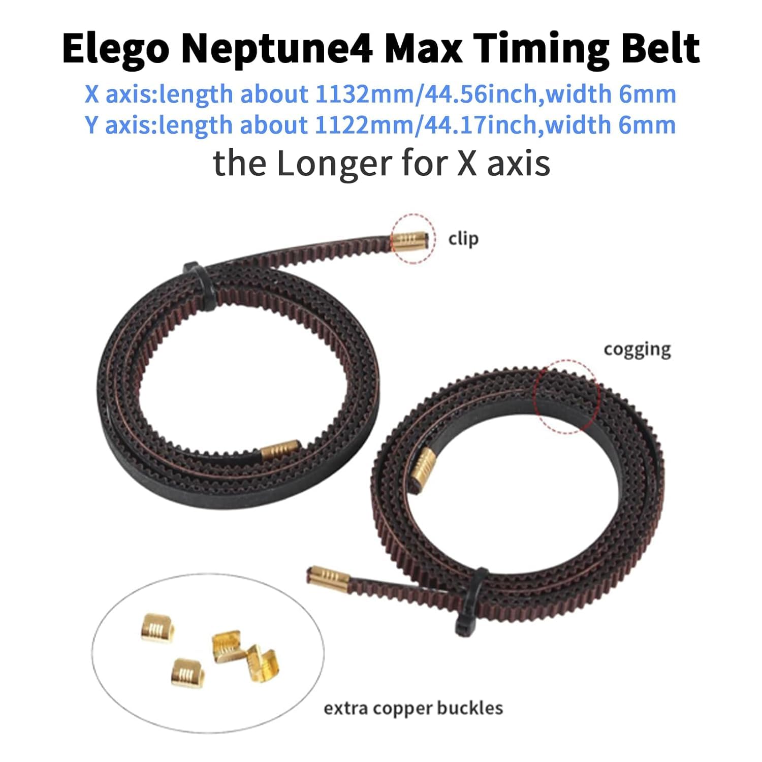 Accessoires pour imprimante 3D Elego Neptune4 Max - Courroie X Y de rechange : courroie de distribution synchrone antidérapante 2GT x 1132 mm axe Y 1122 mm largeur 6 mm boucle en cuivre pressé