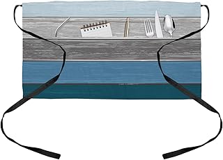 OComster Navy Barn Wood Board Grey Gradient Stripes Waist Server Aprons, Gray Blue Ombre Half Waitress Apron with Pockets