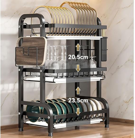 3-Tier Dish Rack, Stainless Steel Sink Drain Board with Utensil Holder and Cutlery Tray, Space Saving Kitchen Countertop Organizer(Green gold)