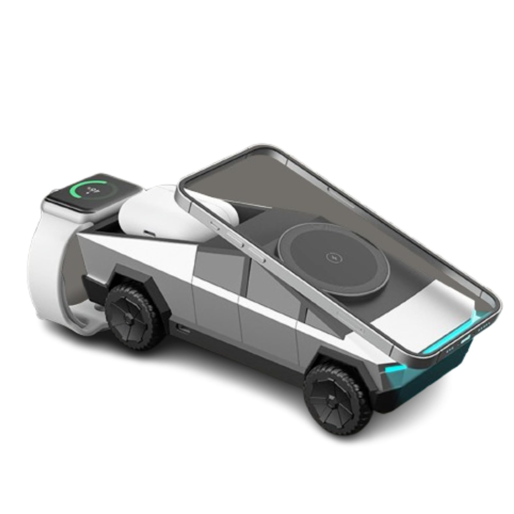 Lazmin112 Estación Carga Inalámbrica 3 En 1, Modelo Coche Escala 1:25, Cargador con Rotación Automática y Luz Ambiental, Estación Carga Magnética, para Teléfono, Reloj y Auriculares (Silver)