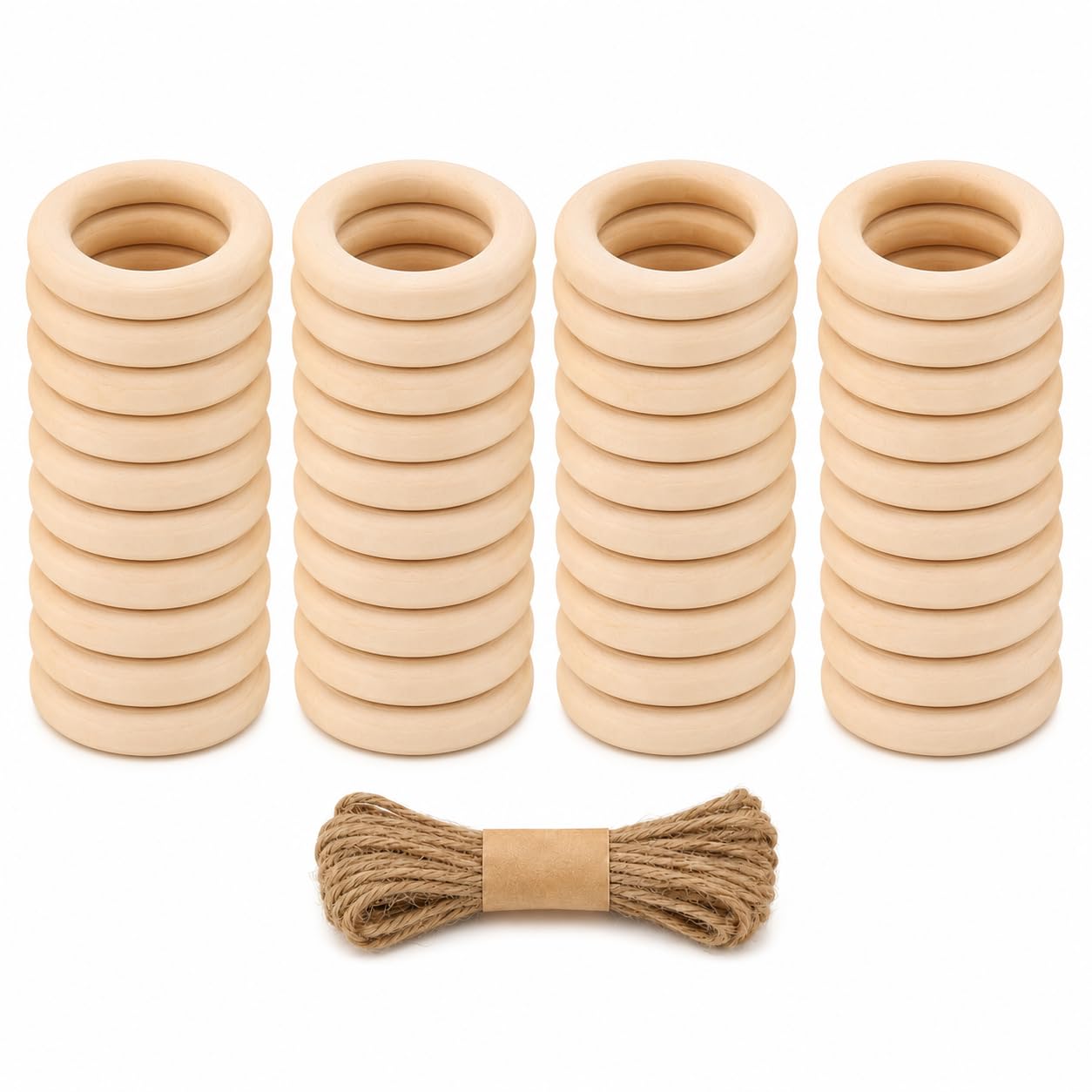 Lobaake Wood Colour 40-Piece Wooden Rings, 55Mm Unfinished Wood Macramerings With 2Mm Hempcord For Curtain Rings, Wreath Hoops & Diy Crafts